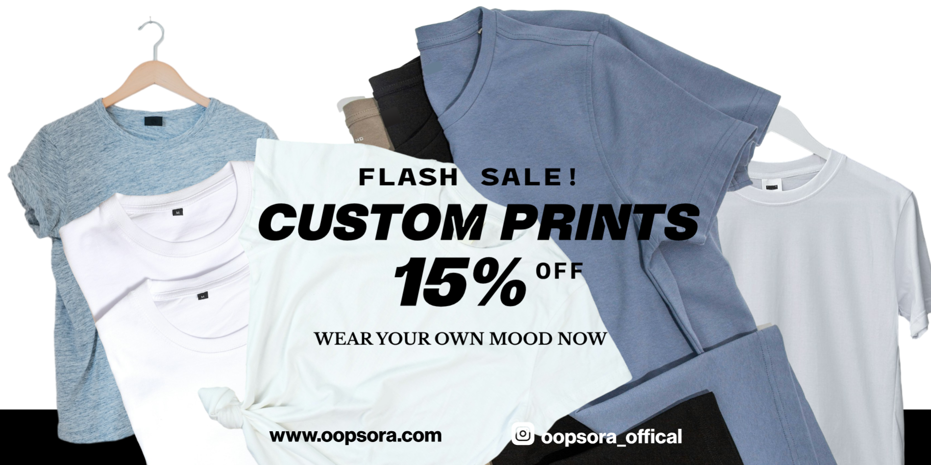 T-shirts on hangers with promotional text for custom prints and a flash sale.